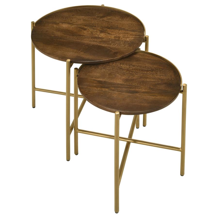 Malka 2-piece Round Wood Nesting Table Dark Brown and Gold view 3