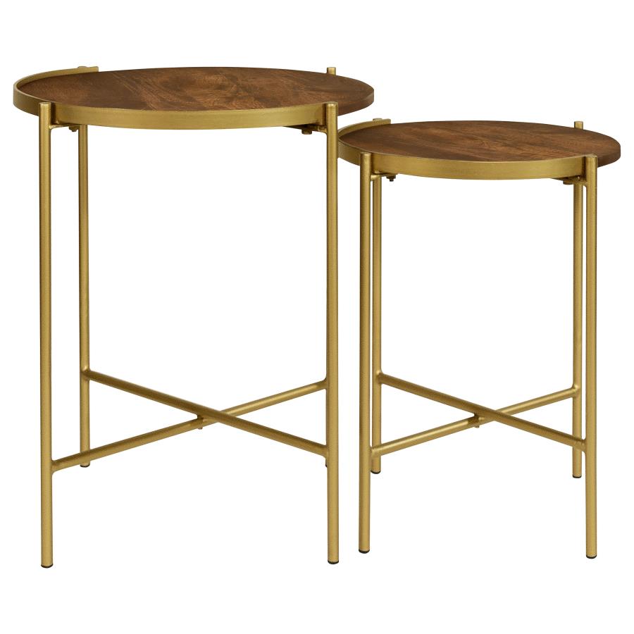 Malka 2-piece Round Wood Nesting Table Dark Brown and Gold view 4
