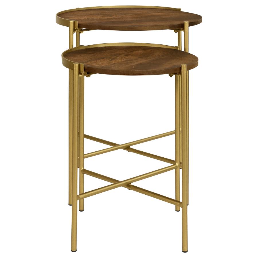 Malka 2-piece Round Wood Nesting Table Dark Brown and Gold view 5
