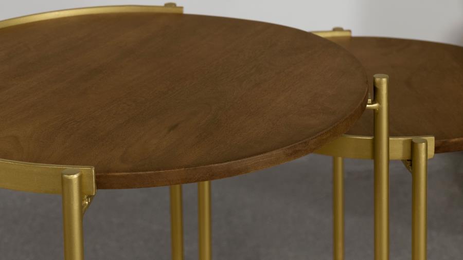Malka 2-piece Round Wood Nesting Table Dark Brown and Gold view 7