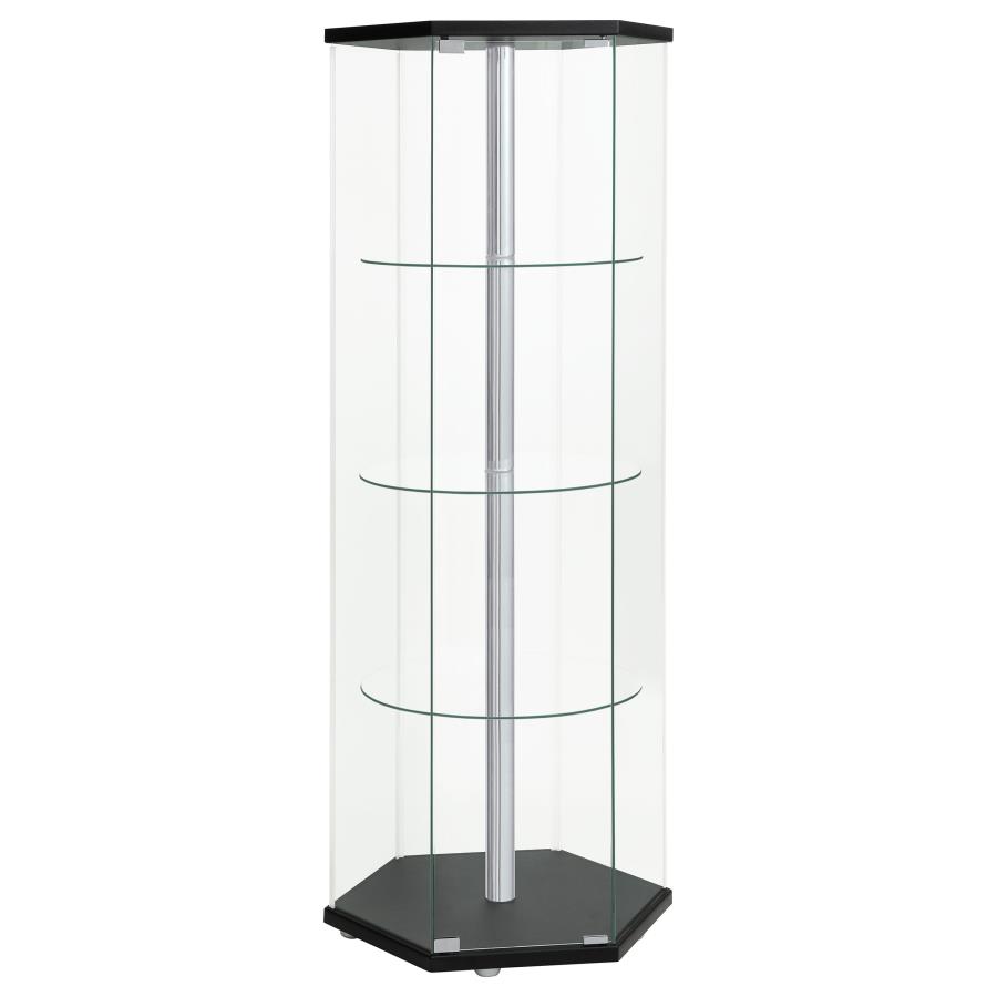 Zahavah 4-shelf Hexagonal Clear Glass Curio Cabinet Black