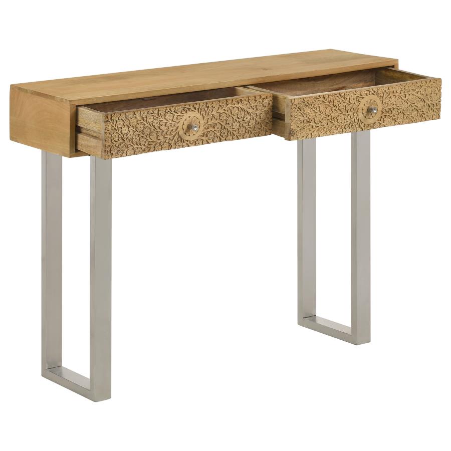 Draco 2-drawer Console Table Hand Carved Details Natural view 3