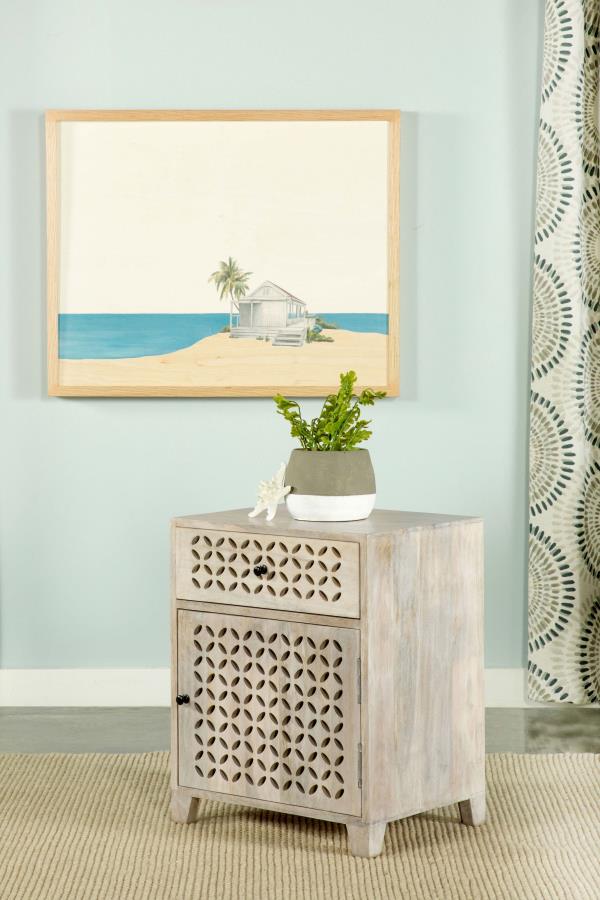 August 1-drawer Trellis Pattern Storage Cabinet White Washed view 2