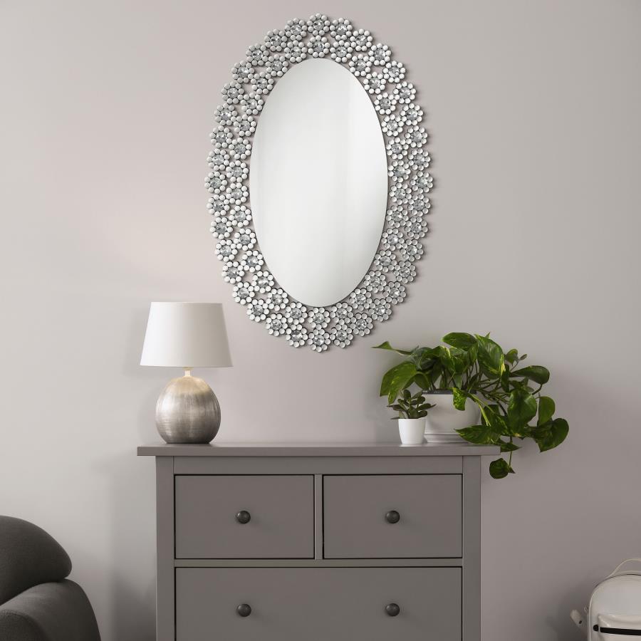 Colleen 31 x 47 Inch Oval Wall Mirror Crystal Flowers Silver view 2
