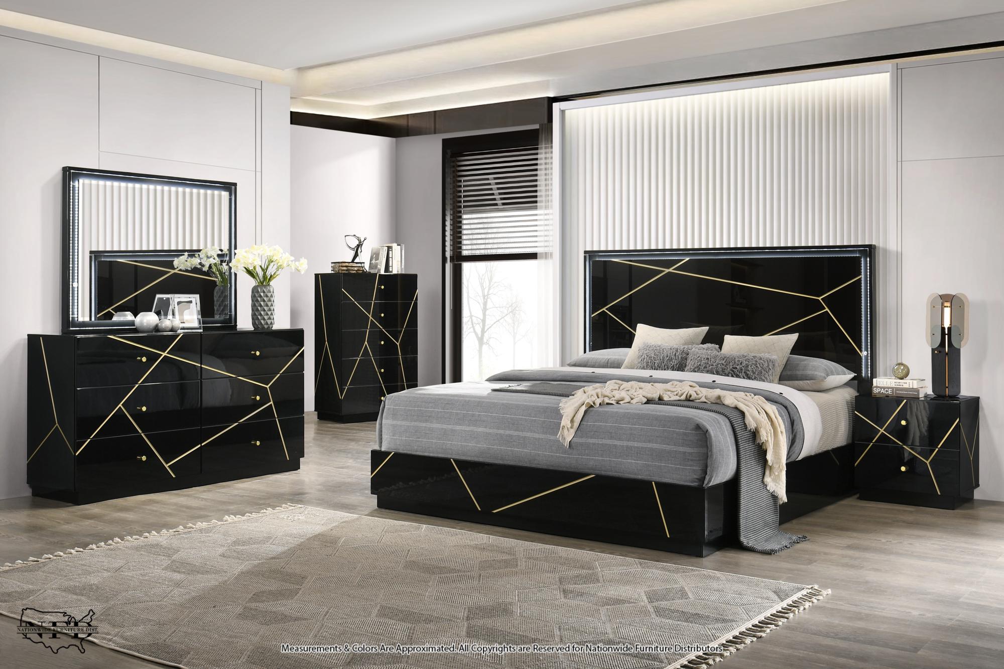 Dresser, Mirror w/ Led Lights and Queen Bed