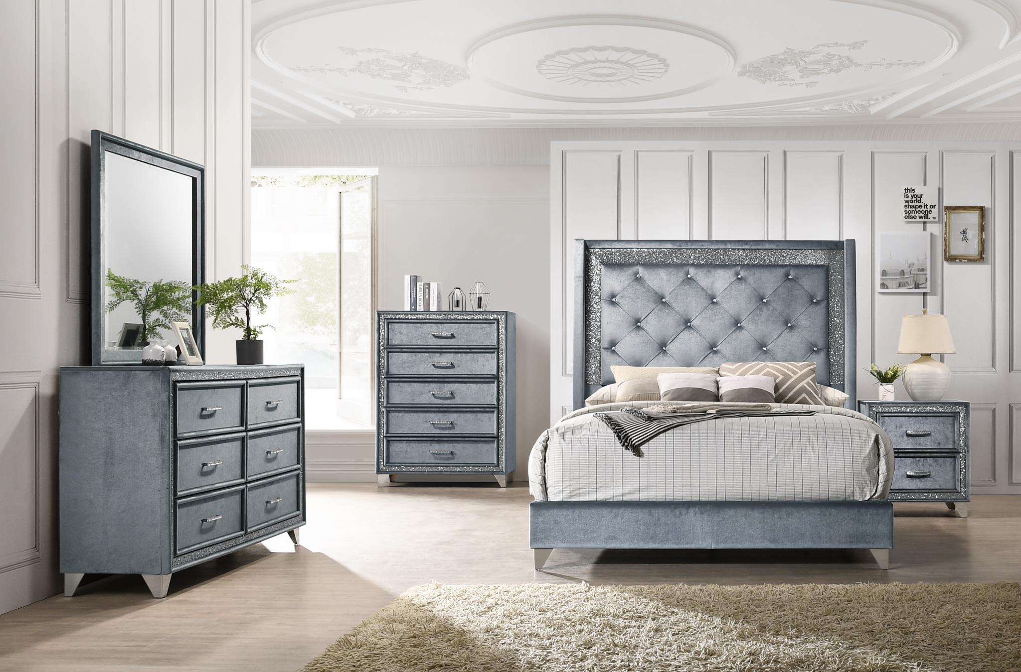 GRAY VELVET KING BED view 2