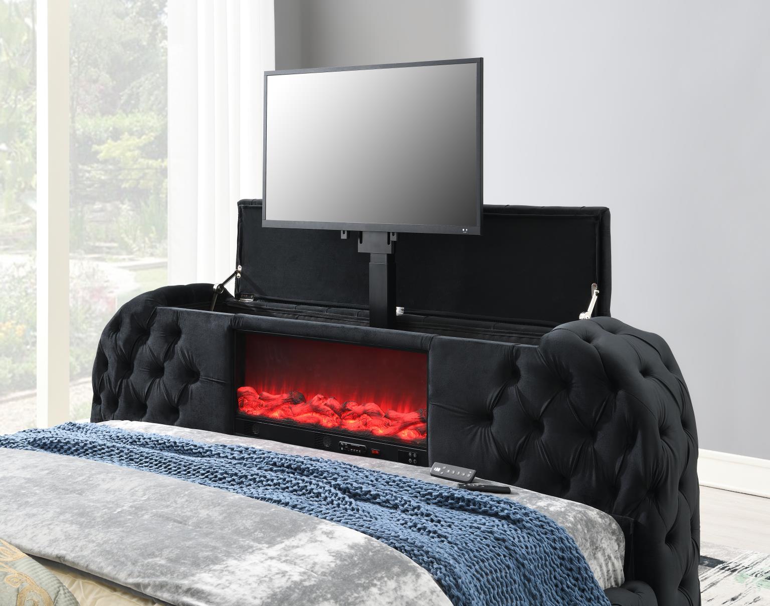 BLACK VELVET QUEEN BED W/FIREPLACE, TV MOUNT & BLUETOOTH SPEAKER & USB view 3