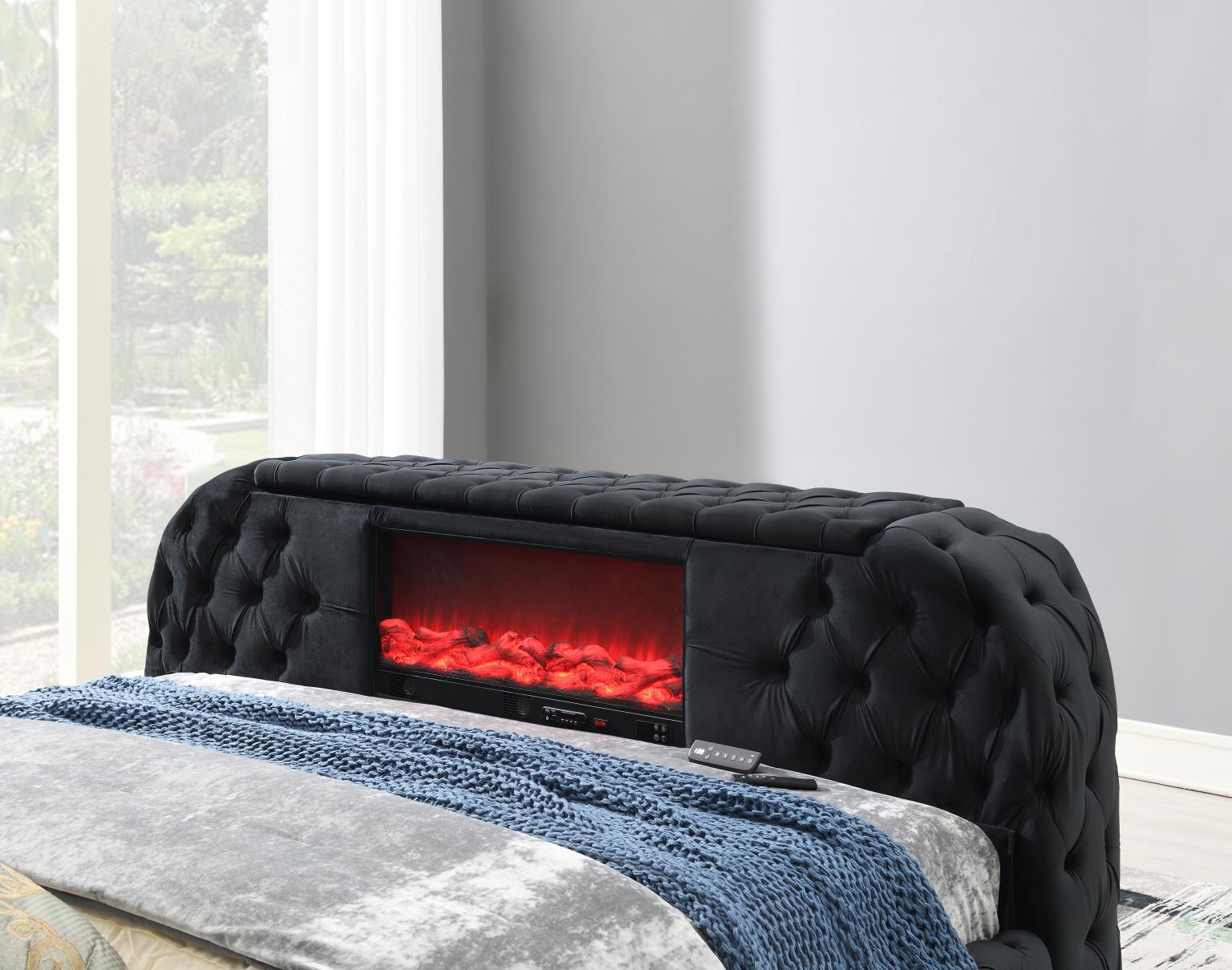 BLACK VELVET QUEEN BED W/FIREPLACE, TV MOUNT & BLUETOOTH SPEAKER & USB view 4