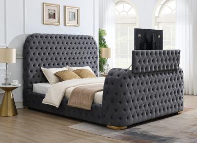 GRAY VELVET KING BED W/FIREPLACE, TV MOUNT & BLUETOOTH SPEAKER & USB