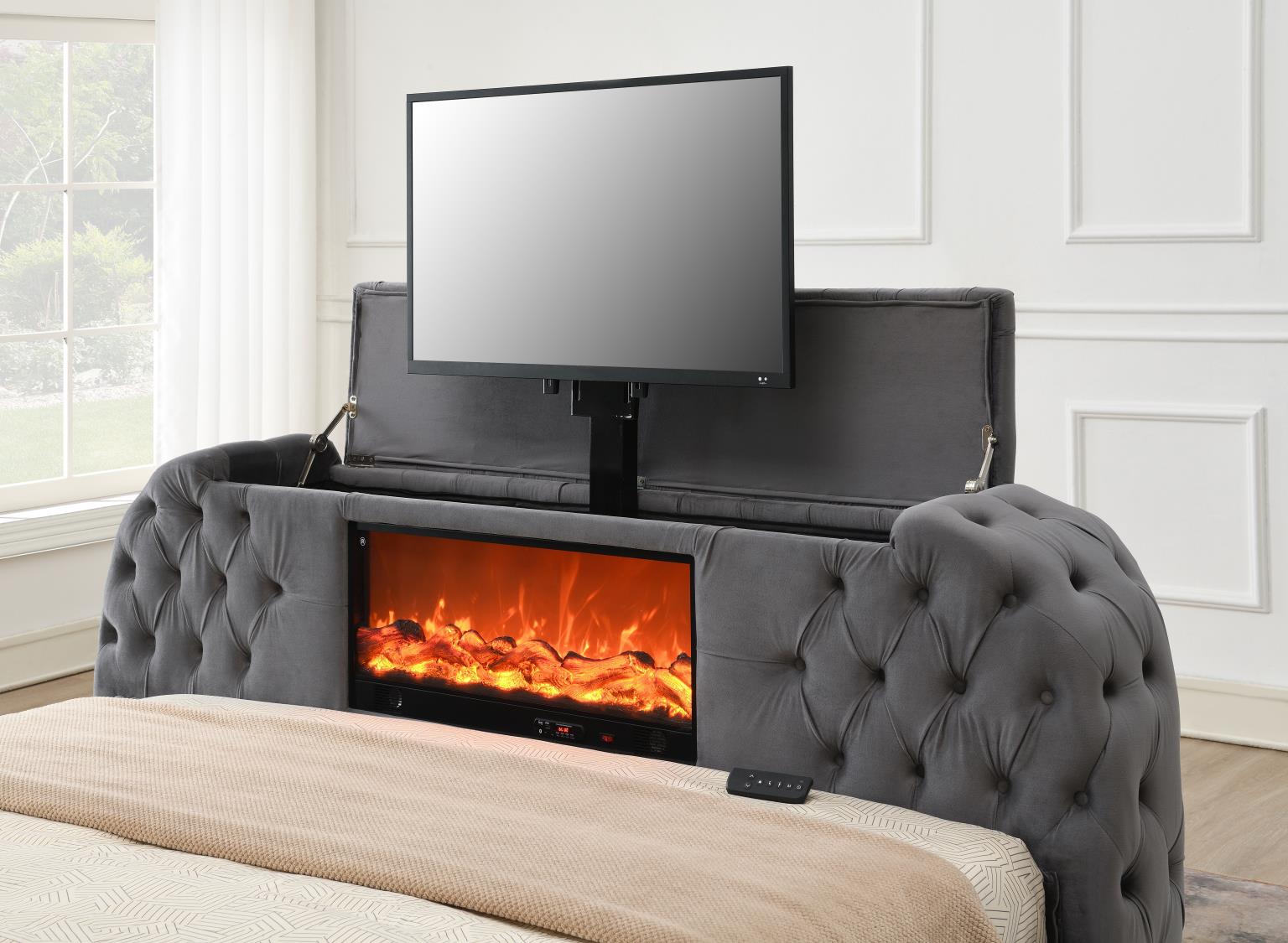 GRAY VELVET KING BED W/FIREPLACE, TV MOUNT & BLUETOOTH SPEAKER & USB view 3