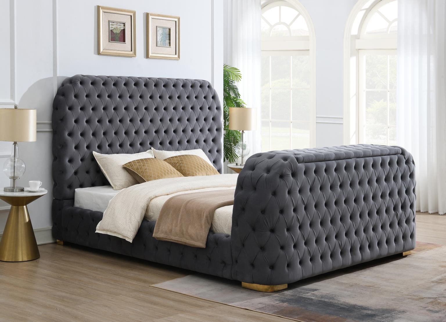 GRAY VELVET KING BED W/FIREPLACE, TV MOUNT & BLUETOOTH SPEAKER & USB view 5