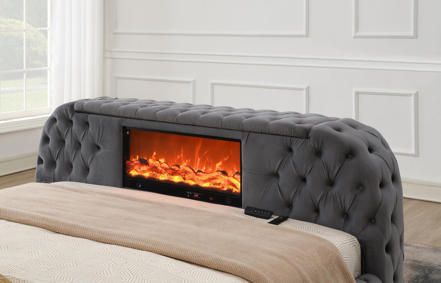 GRAY VELVET QUEEN BED W/FIREPLACE, TV MOUNT & BLUETOOTH SPEAKER & USB view 4