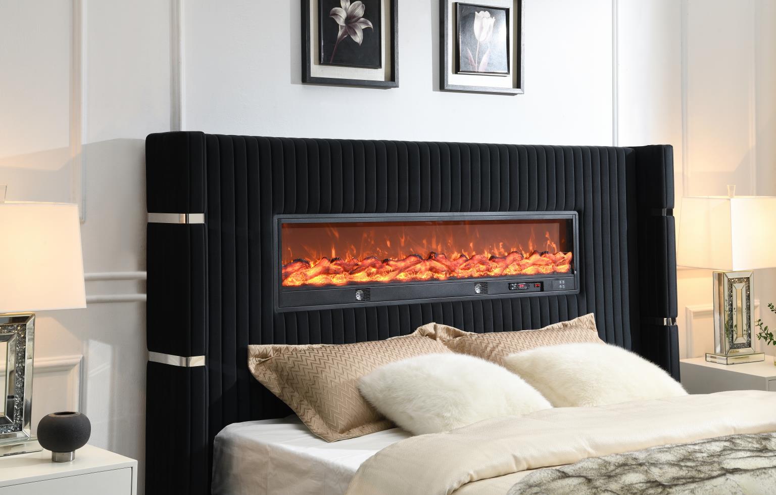 BLACK VELVET QUEEN BED W/FIREPLACE & BLUETOOTH SPEAKER & USB view 3