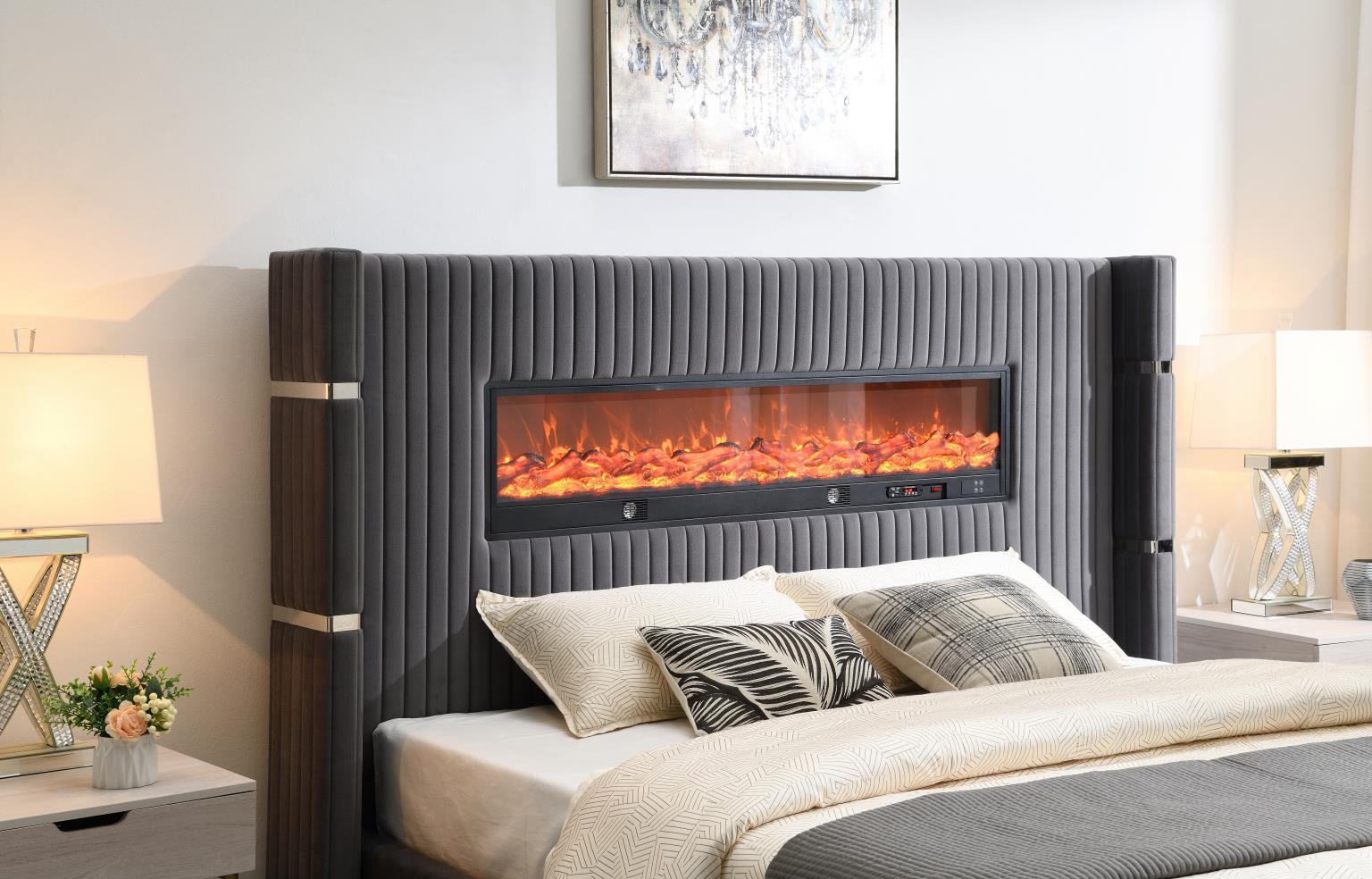 GRAY VELVET KING BED W/FIREPLACE & BLUETOOTH SPEAKER & USB view 3
