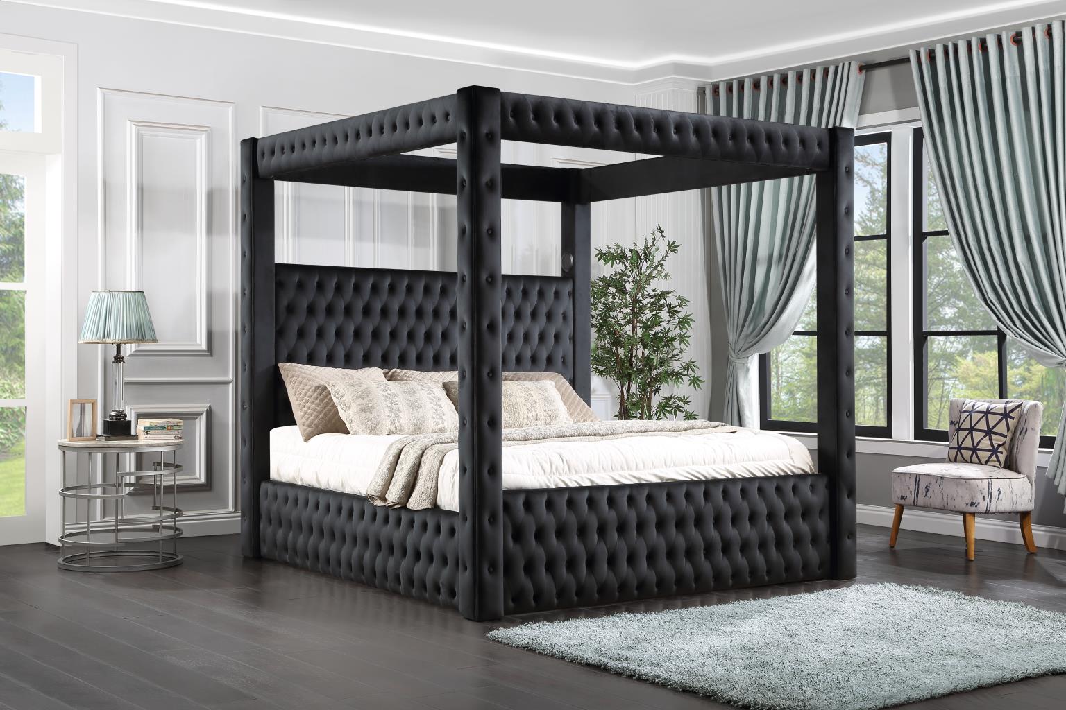BLACK VELVET QUEEN CANOPY BED W/BLUETOOTH SPEAKER & USB view 2