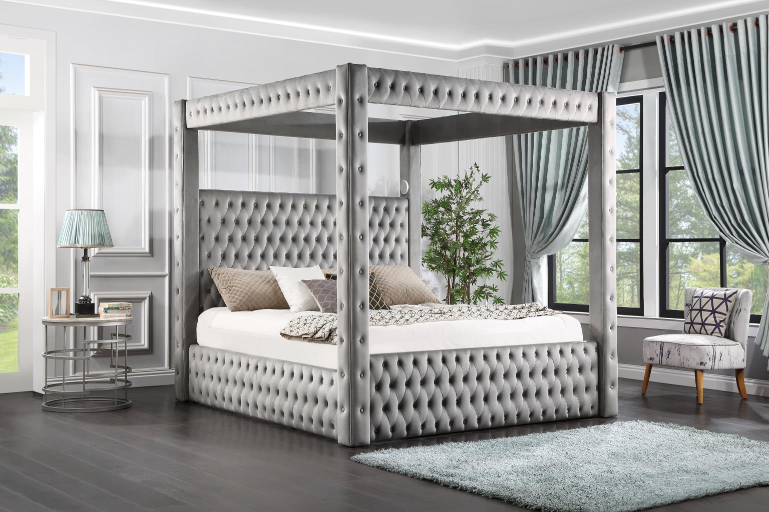 GRAY VELVET QUEEN CANOPY BED W/BLUETOOTH SPEAKER & USB view 2