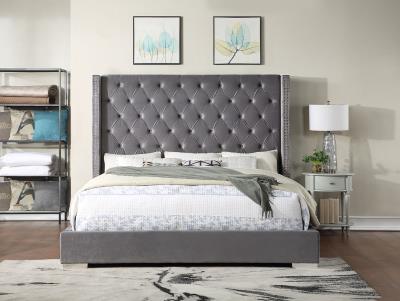 GRAY VELVET QUEEN BED