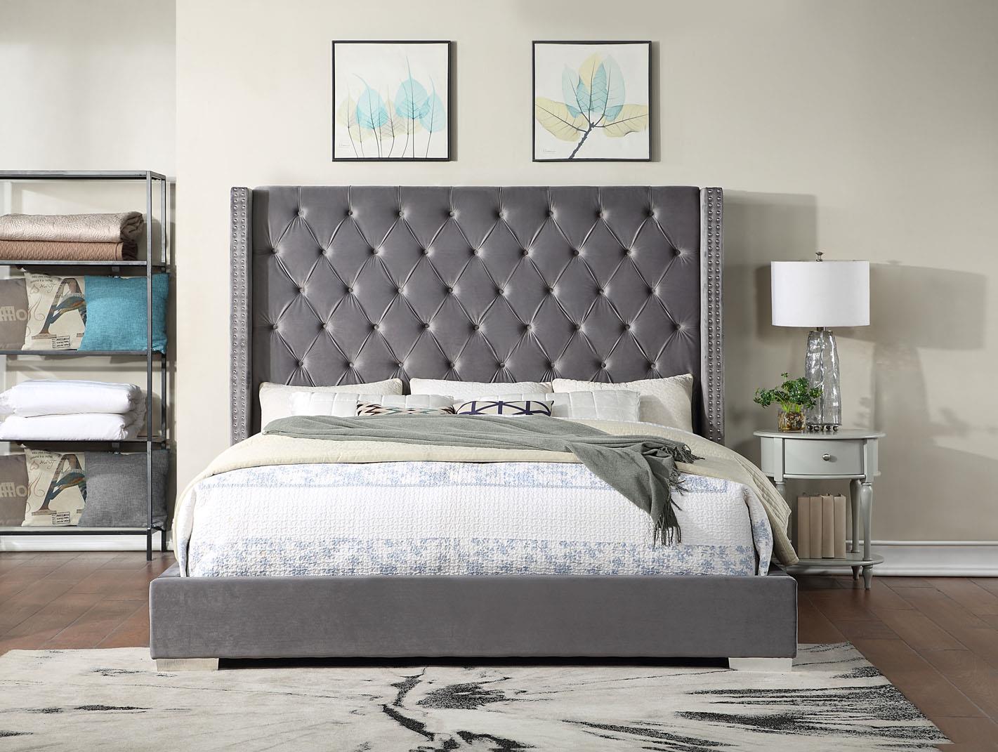 GRAY VELVET QUEEN BED view 2