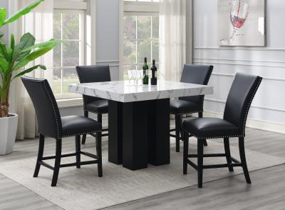 COUNTER TABLE & 4 BLACK LEATHER CHAIRS