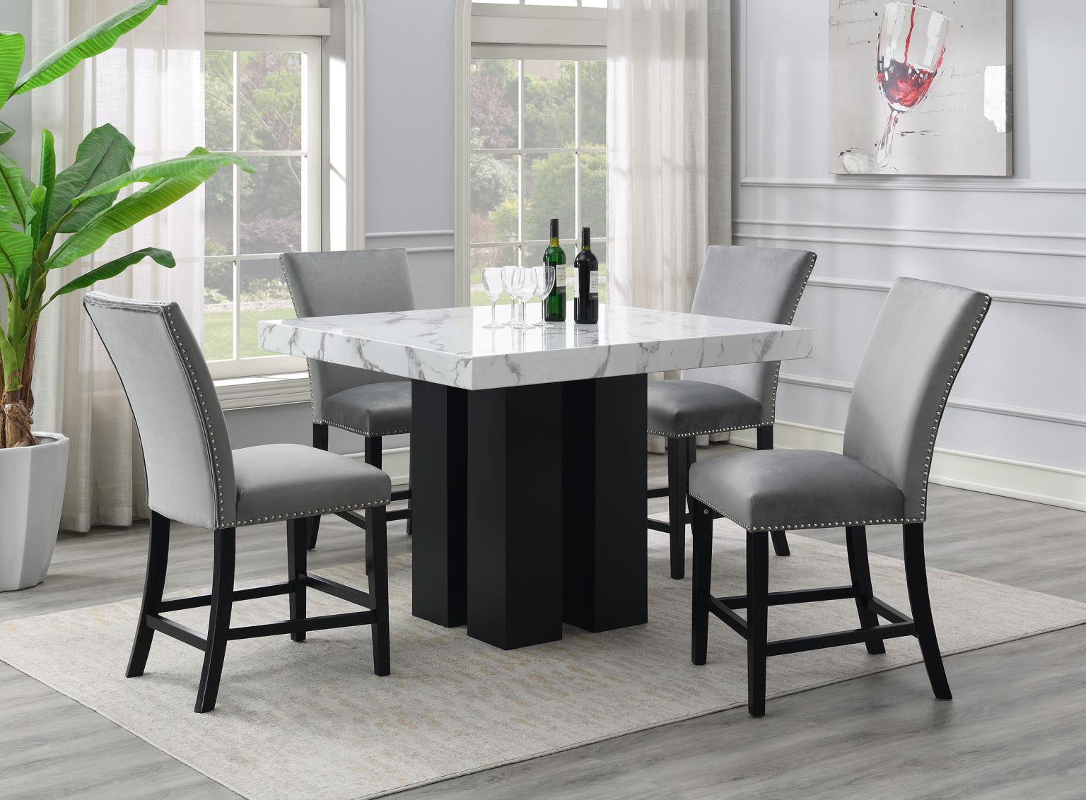 COUNTER TABLE & 4 GRAY CHAIRS view 2