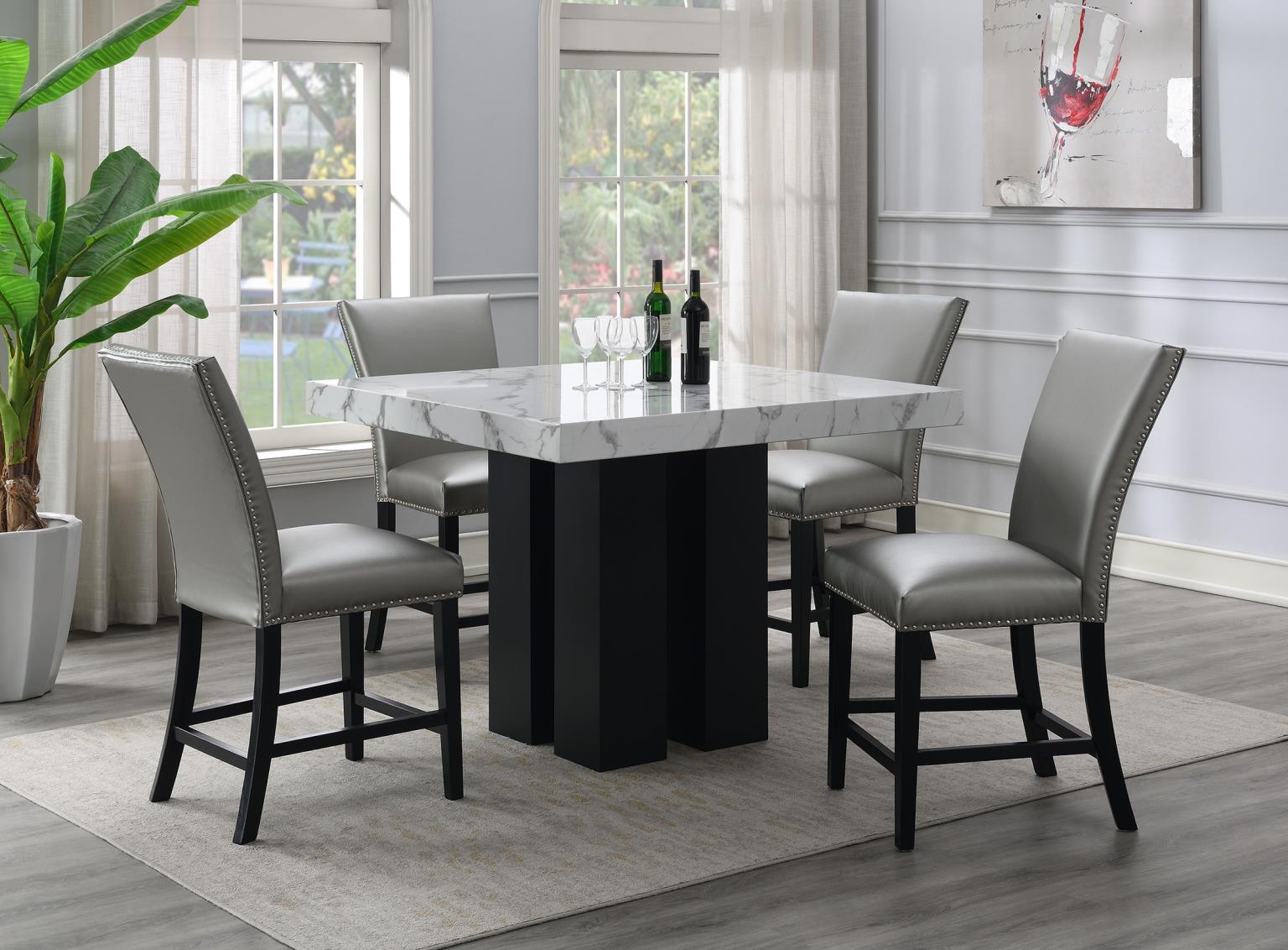 COUNTER TABLE & 4 SILVER LEATHER CHAIRS view 2