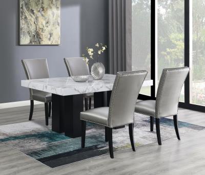 DINING TABLE & 4 SILVER LEATHER CHAIRS