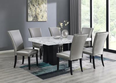 DINING TABLE & 6 SILVER LEATHER CHAIRS