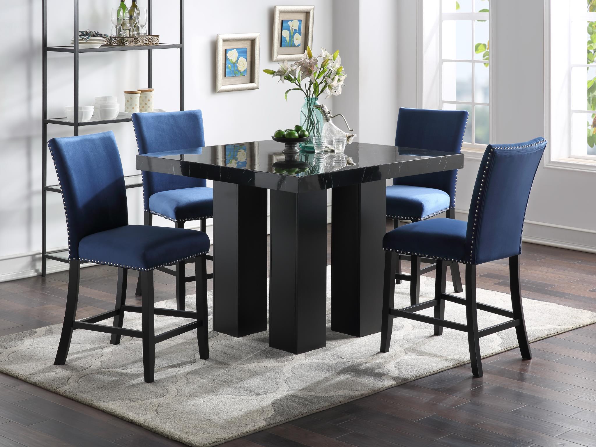 COUNTER TABLE & 4 BLUE CHAIRS view 2