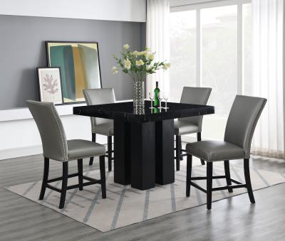 COUNTER TABLE & 4 SILVER LEATHER CHAIRS