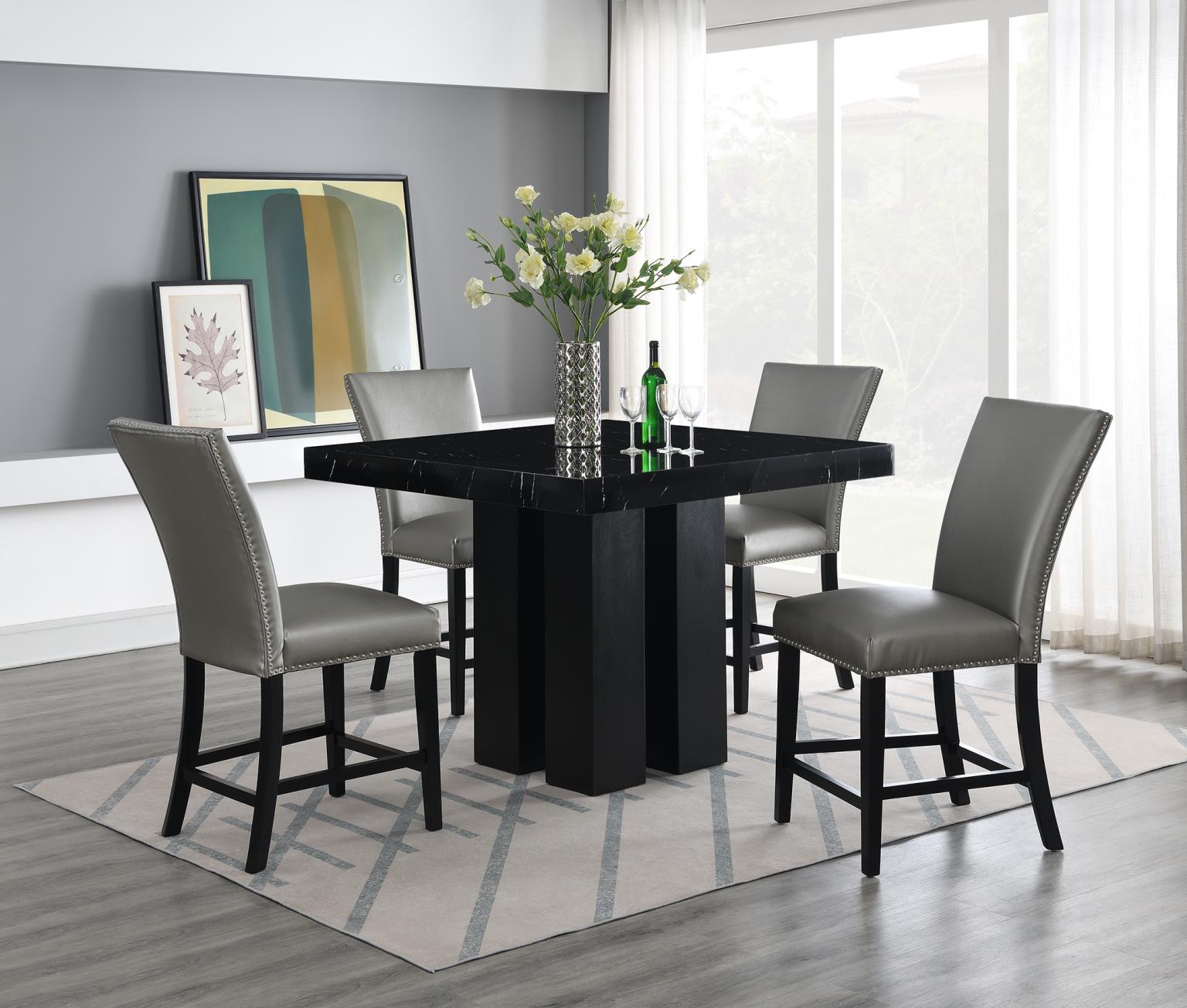COUNTER TABLE & 4 SILVER LEATHER CHAIRS view 2