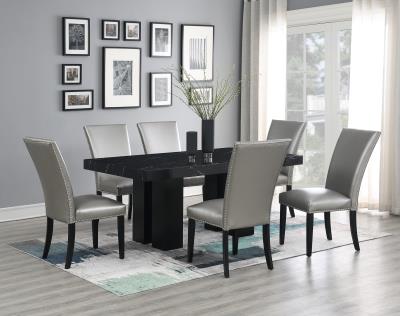 DINING TABLE & 6 SILVER LEATHER CHAIRS