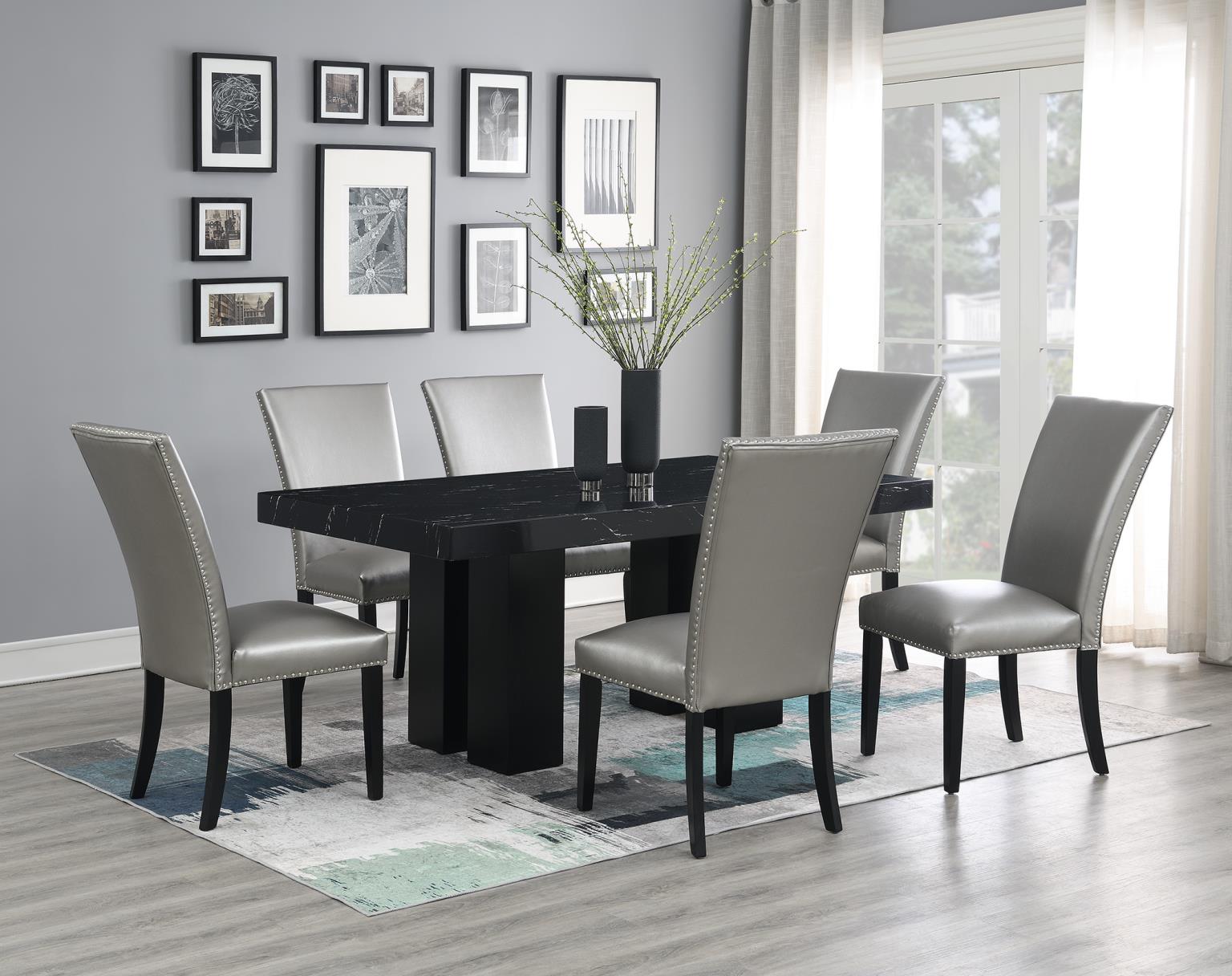 DINING TABLE & 6 SILVER LEATHER CHAIRS view 2