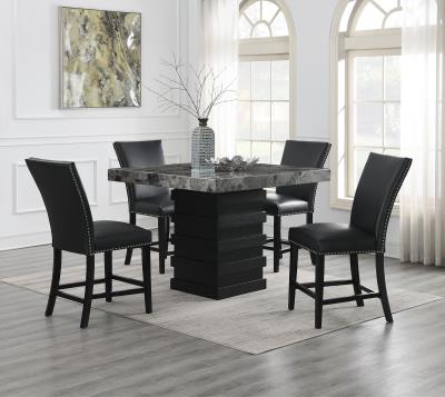 COUNTER TABLE & 4 BLACK LEATHER CHAIRS