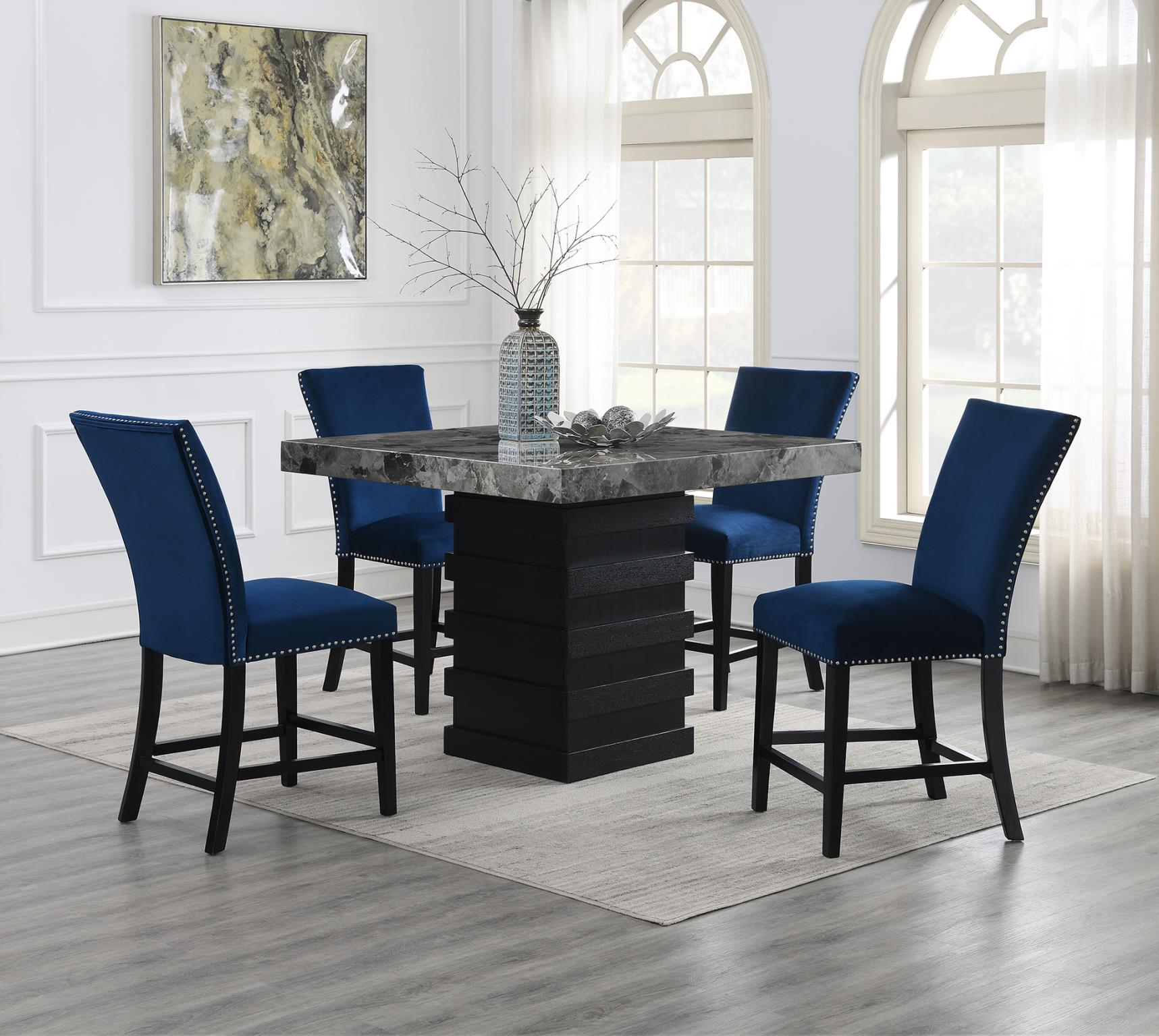 COUNTER TABLE & 4 BLUE CHAIRS view 2