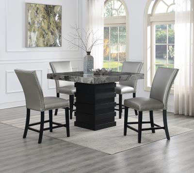 COUNTER TABLE & 4 SILVER LEATHER CHAIRS