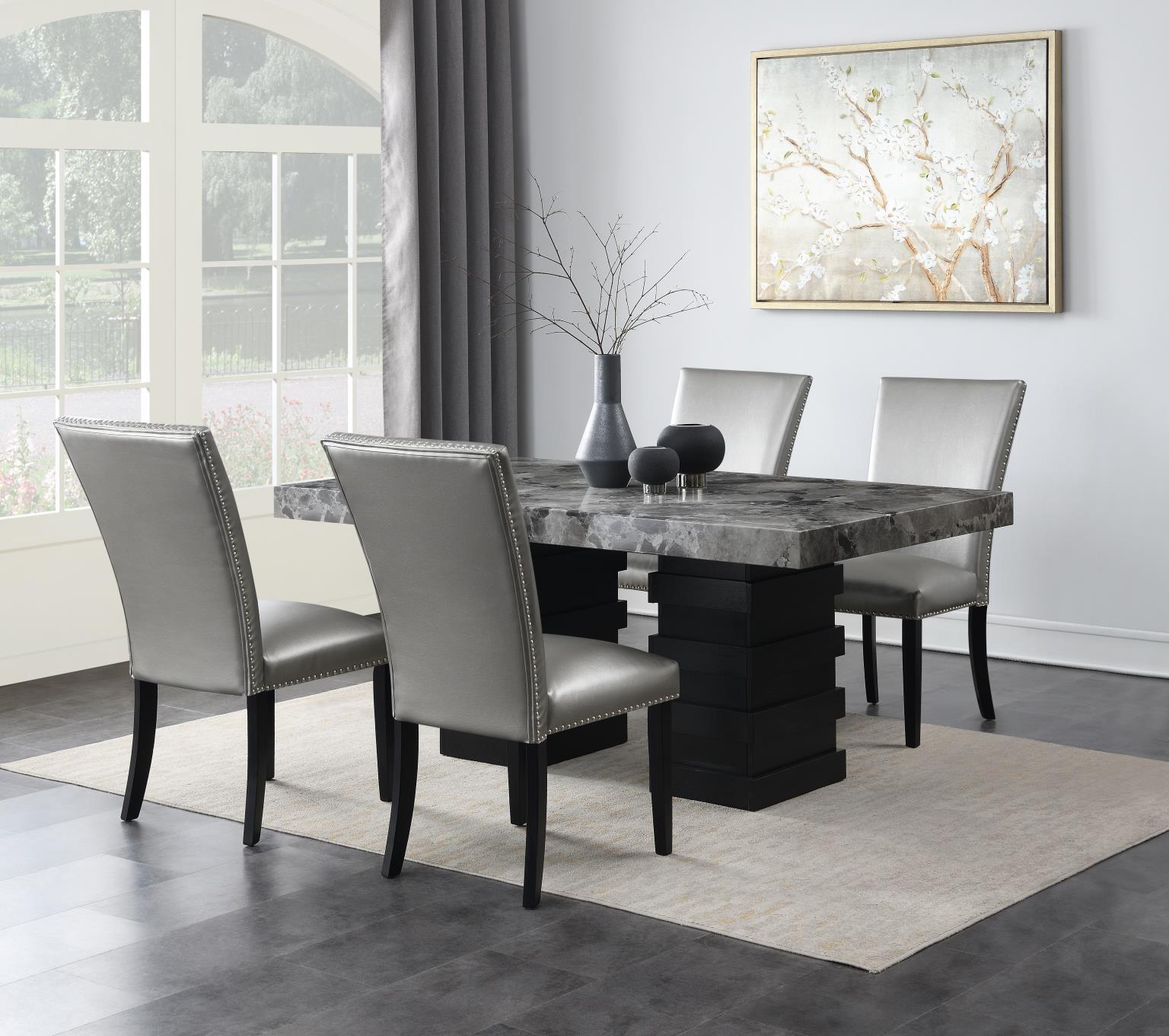 DINING TABLE & 4 SILVER LEATHER CHAIRS view 2