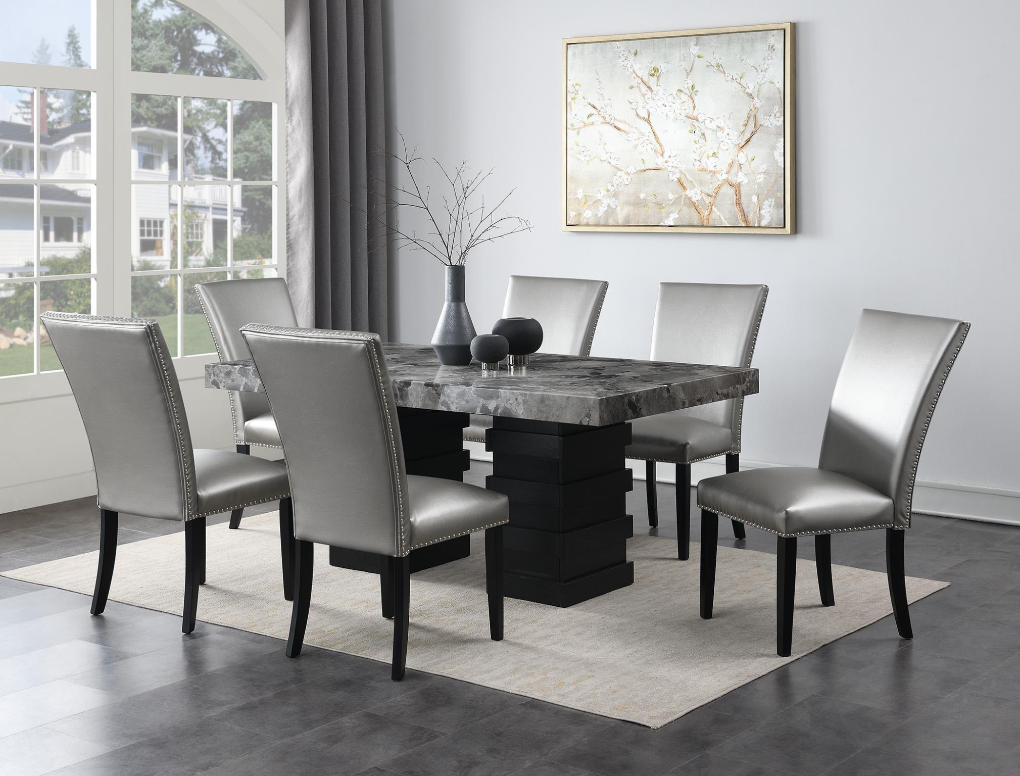 DINING TABLE & 6 SILVER LEATHER CHAIRS view 2