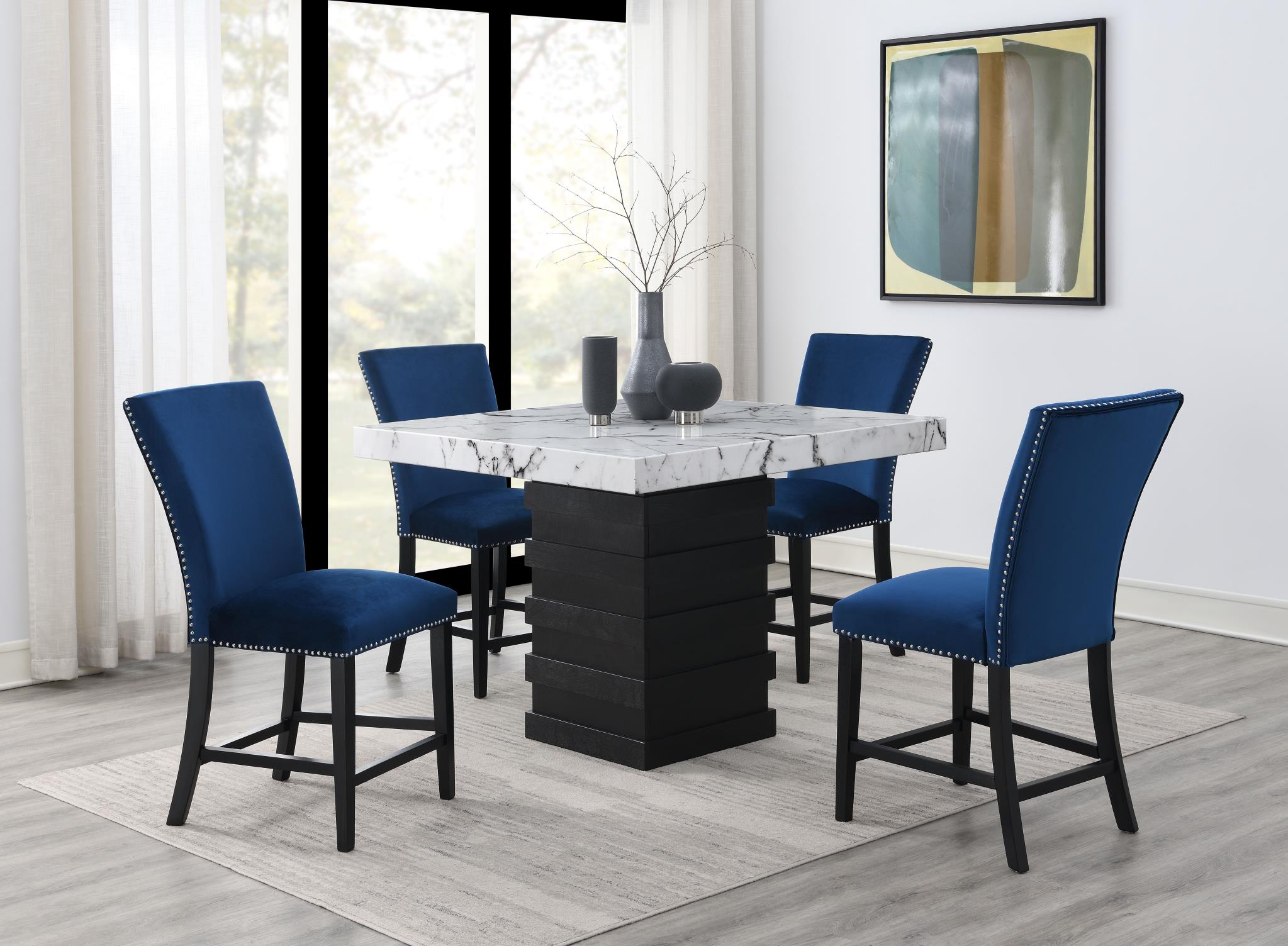 COUNTER TABLE & 4 BLUE CHAIRS view 2
