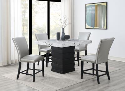 COUNTER TABLE & 4 SILVER LEATHER CHAIRS