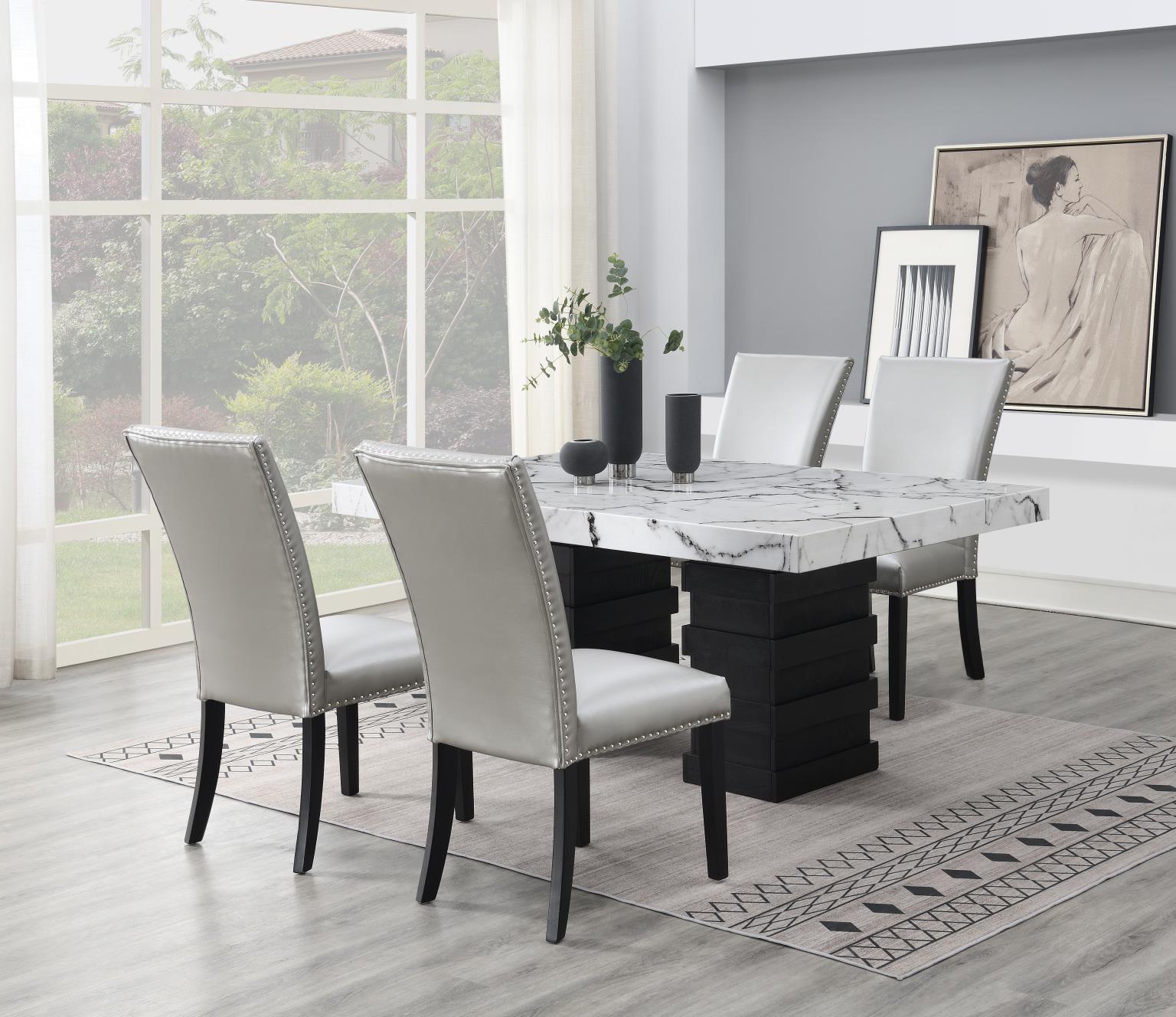 DINING TABLE & 4 SILVER LEATHER CHAIRS view 2
