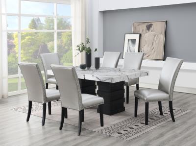 DINING TABLE & 6 SILVER LEATHER CHAIRS