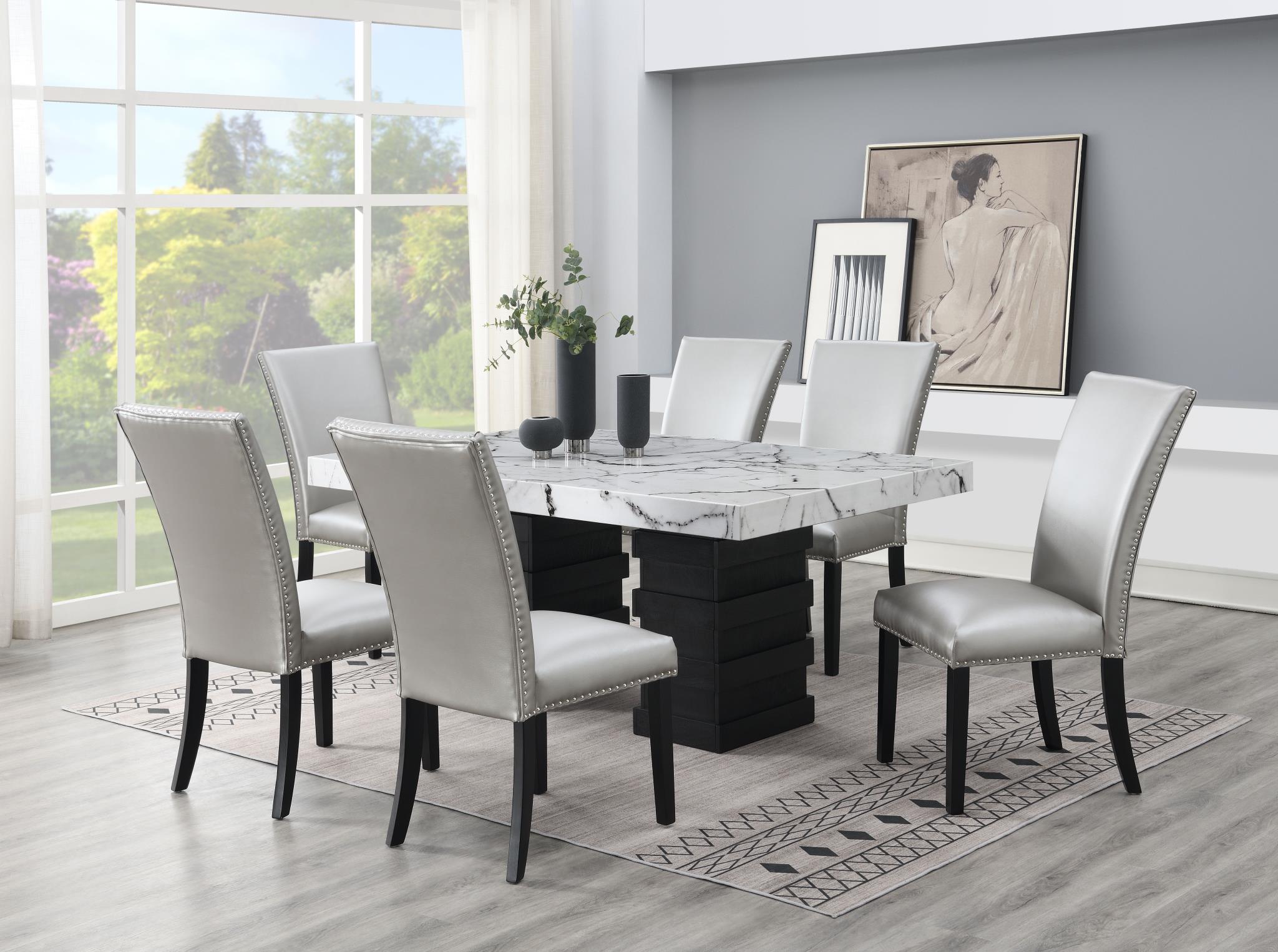 DINING TABLE & 6 SILVER LEATHER CHAIRS view 2