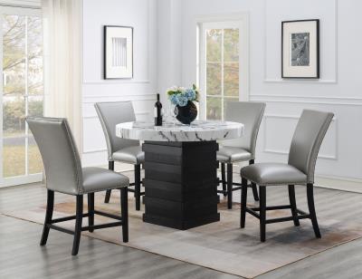 COUNTER TABLE & 4 SILVER LEATHER CHAIRS