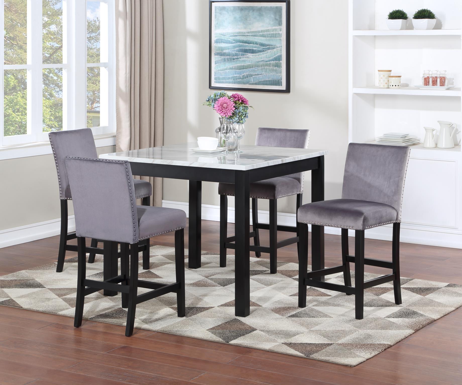WHITE MARBLE DINING TABLE W/ 4 GRAY VELVET CHAIRS view 2