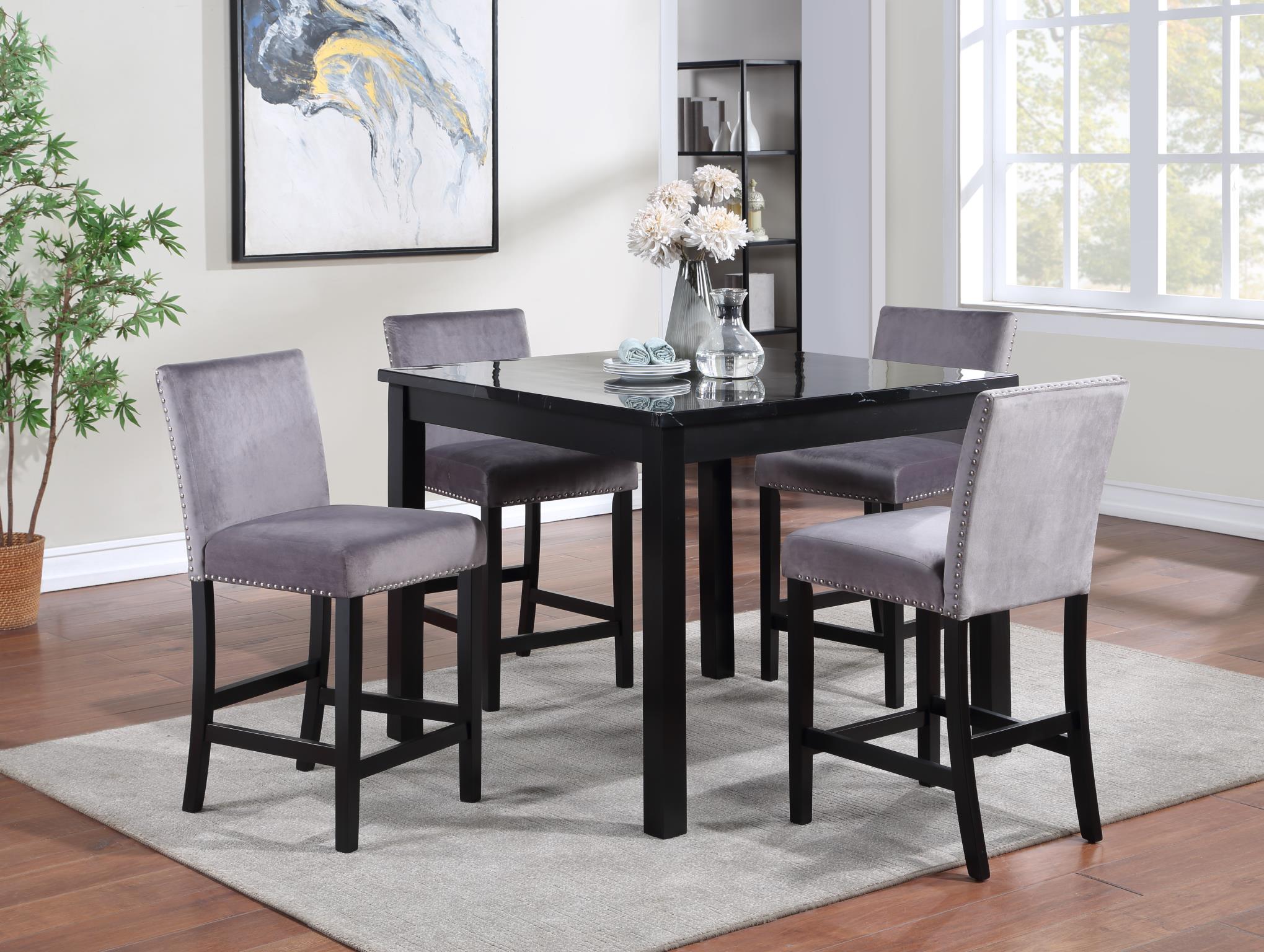 BLACK MARBLE DINING TABLE W/ 4 GRAY VELVET CHAIRS view 2