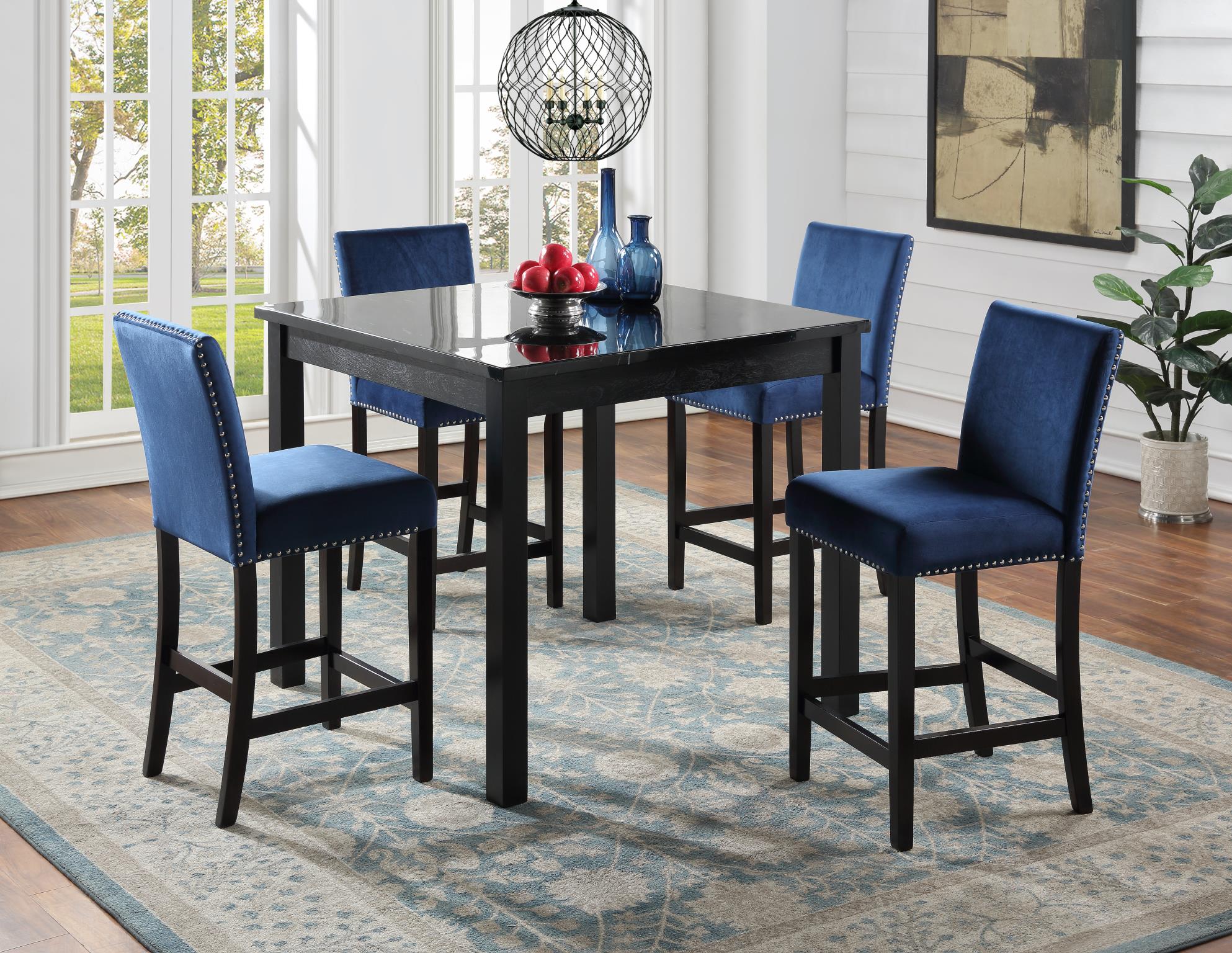 BLACK MARBLE DINING TABLE W/ 4 BLUE VELVET CHAIRS view 2