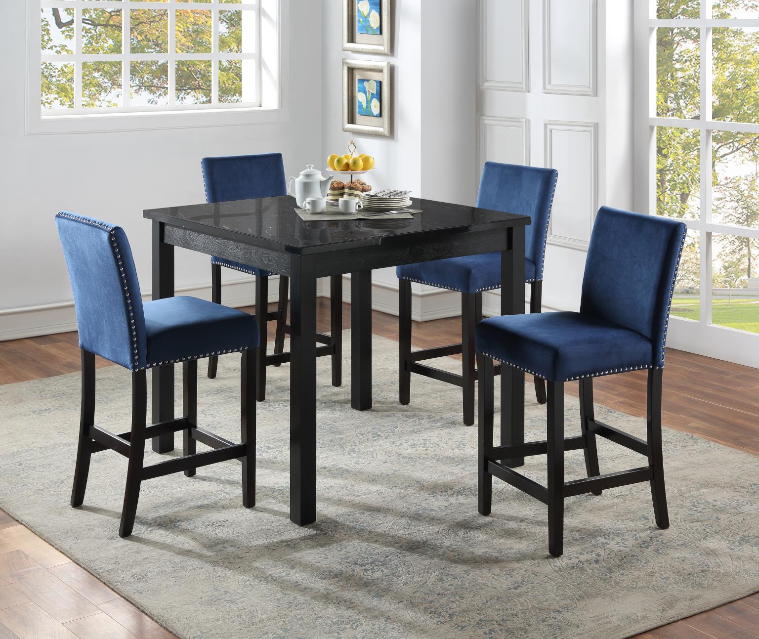 BLACK MARBLE DINING TABLE W/ 4 BLUE VELVET CHAIRS view 3