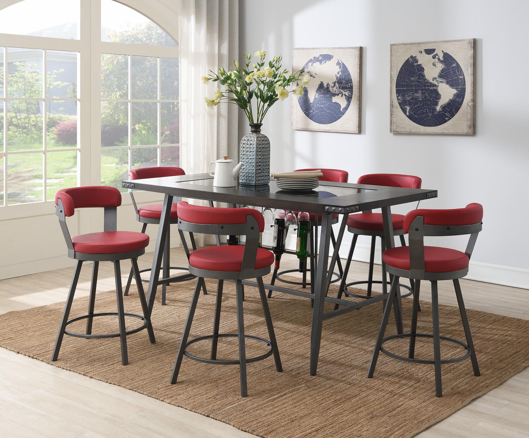 TABLE & 6 RED CHAIRS view 2
