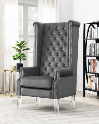 HIGH BACK GRAY VELVET WING CHAIR W/ACRYLIC LEGS