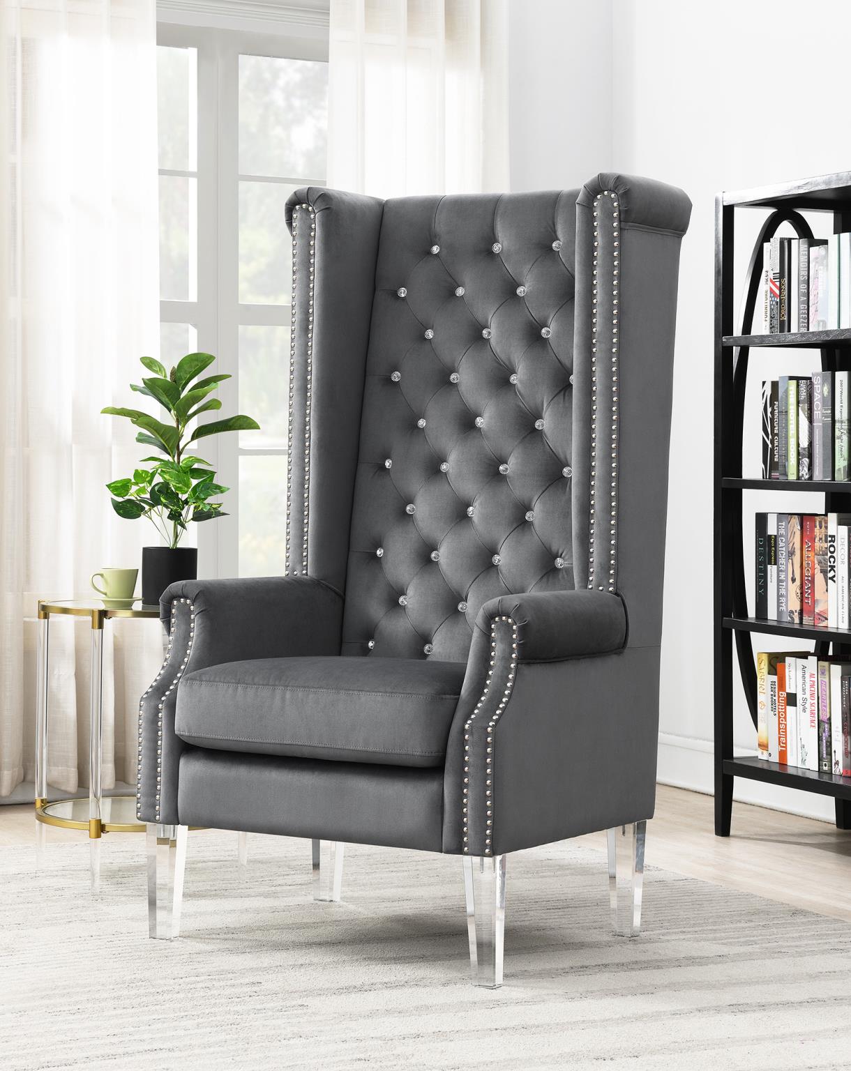 HIGH BACK GRAY VELVET WING CHAIR W/ACRYLIC LEGS view 2